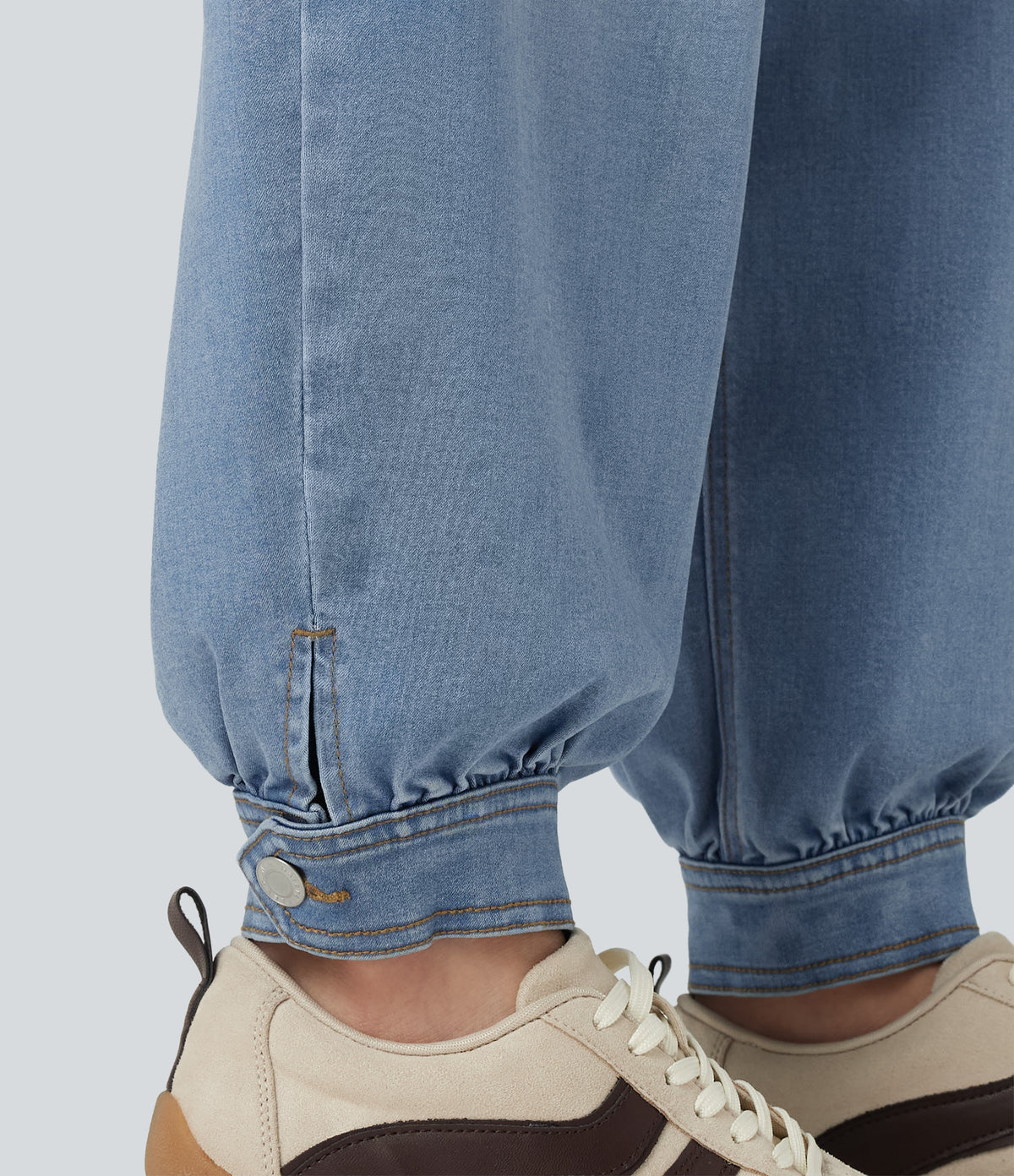 Mid Rise Barrel Leg Denim Casual Joggers with Pockets — Malibu Blue Denim — view 6
