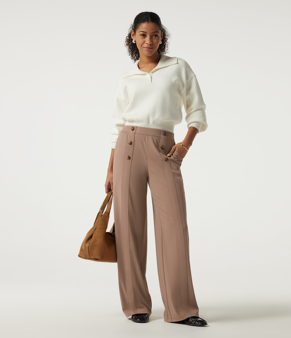 Mid Rise Wide Leg Work Trousers with Pockets — Burro — view 7
