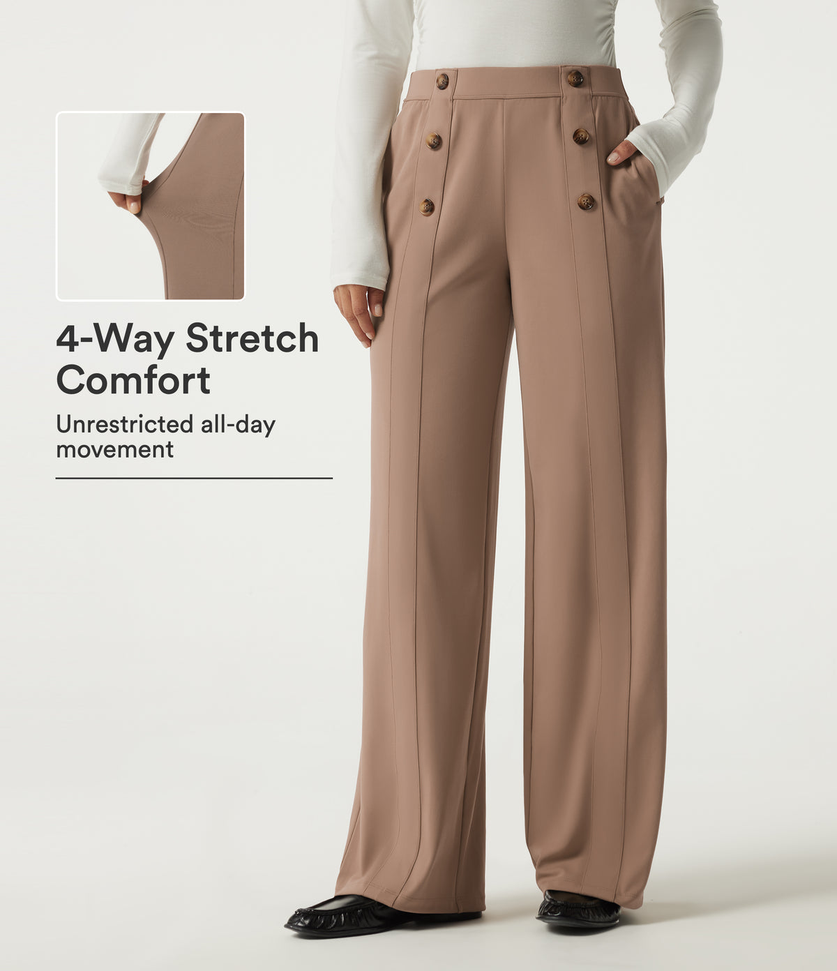 Mid Rise Wide Leg Work Trousers with Pockets — Burro — view 1
