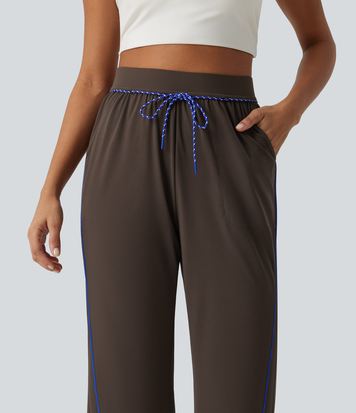 High Waisted Color Block Tie Flare Yoga Trousers with Pockets — Hot Fudge — view 4