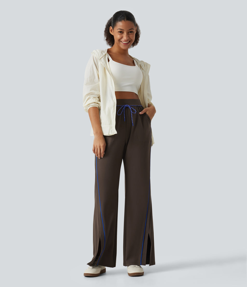 High Waisted Color Block Tie Flare Yoga Trousers with Pockets — Hot Fudge — view 8