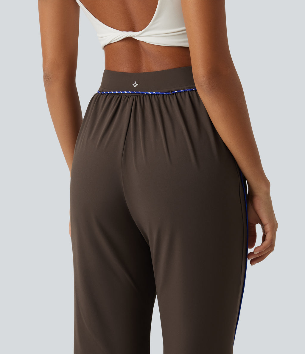 High Waisted Color Block Tie Flare Yoga Trousers with Pockets — Hot Fudge — view 5