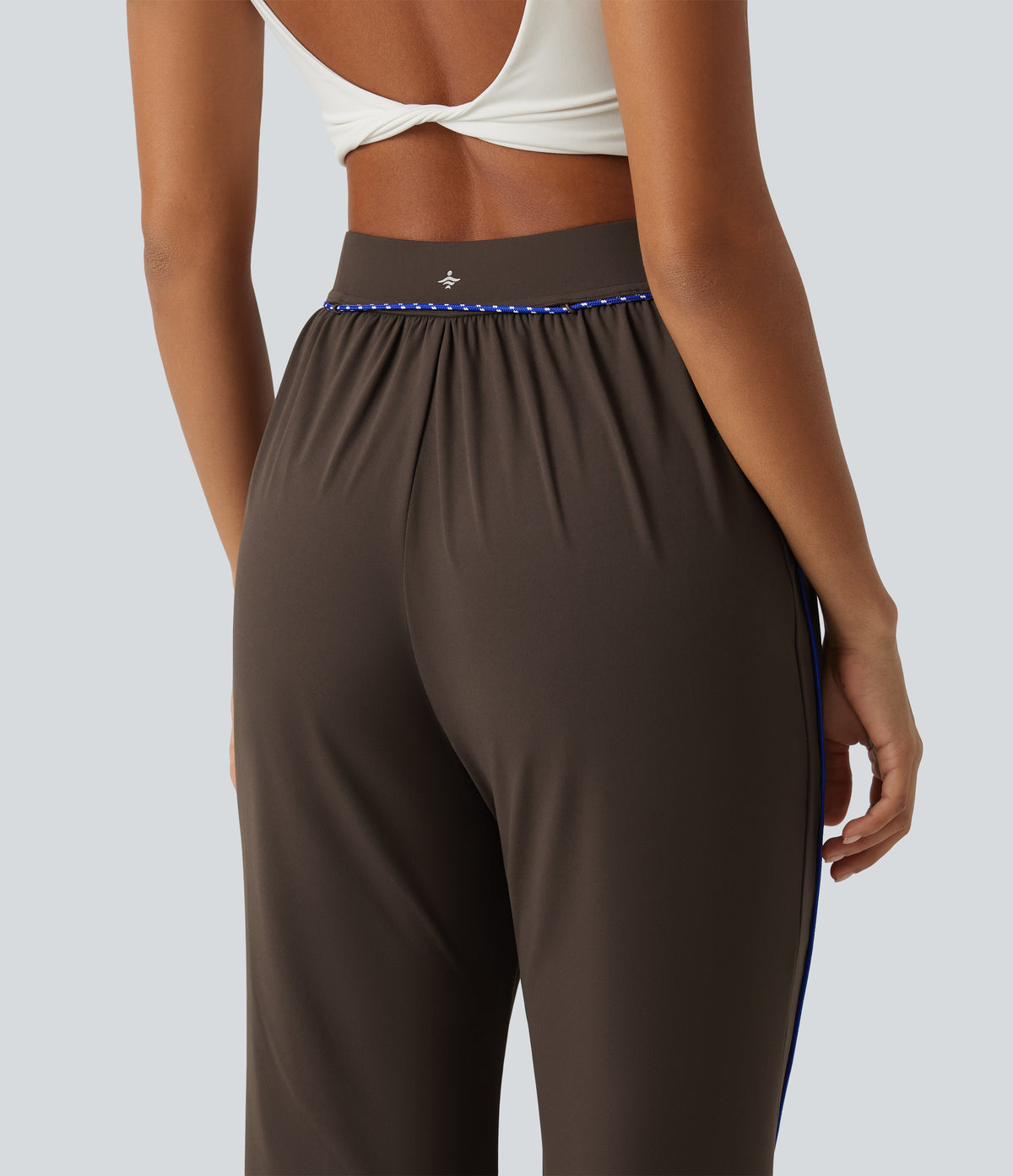 High Waisted Color Block Tie Flare Yoga Trousers with Pockets — Hot Fudge — view 5