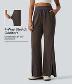 High Waisted Color Block Tie Flare Yoga Trousers with Pockets — Hot Fudge — view 1