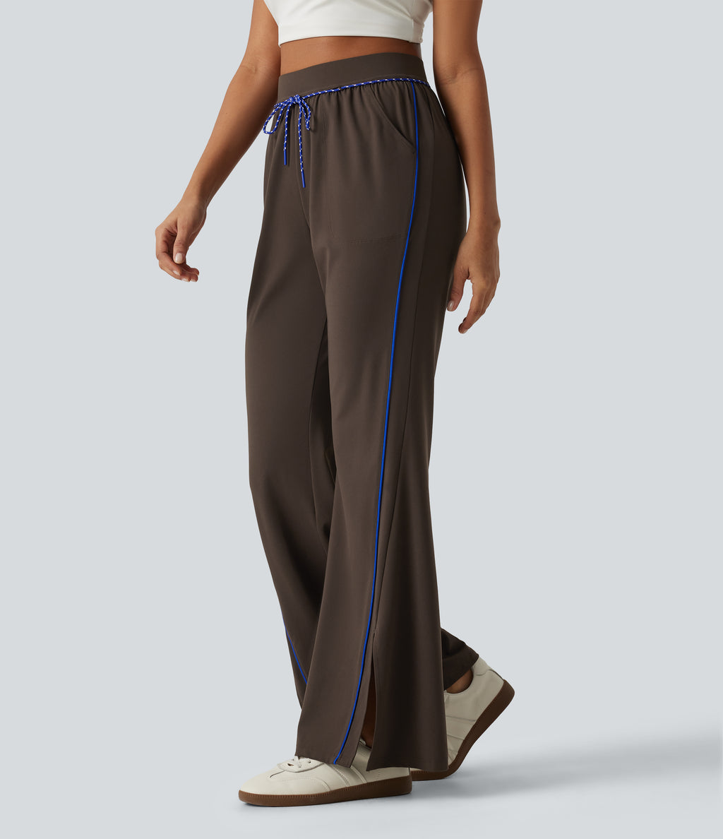 High Waisted Color Block Tie Flare Yoga Trousers with Pockets — Hot Fudge — view 3