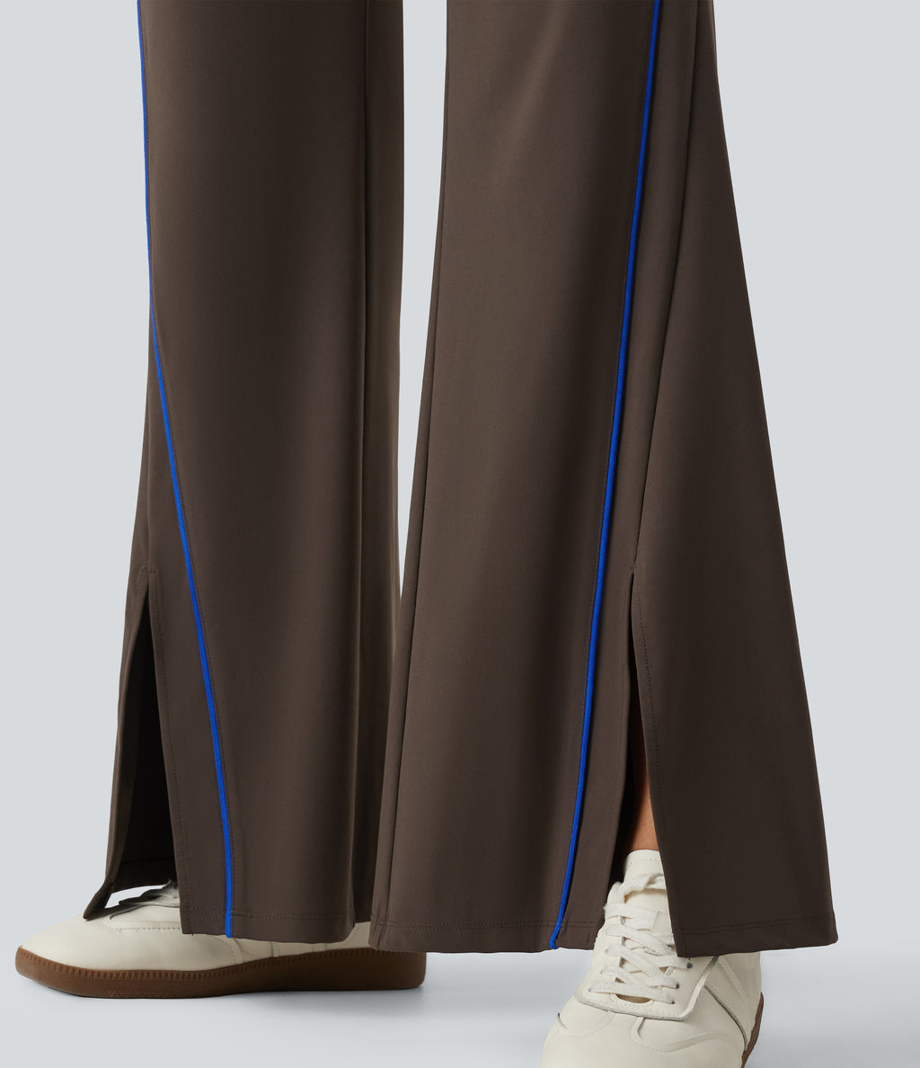High Waisted Color Block Tie Flare Yoga Trousers with Pockets — Hot Fudge — view 6