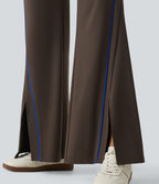 High Waisted Color Block Tie Flare Yoga Trousers with Pockets — Hot Fudge — view 6