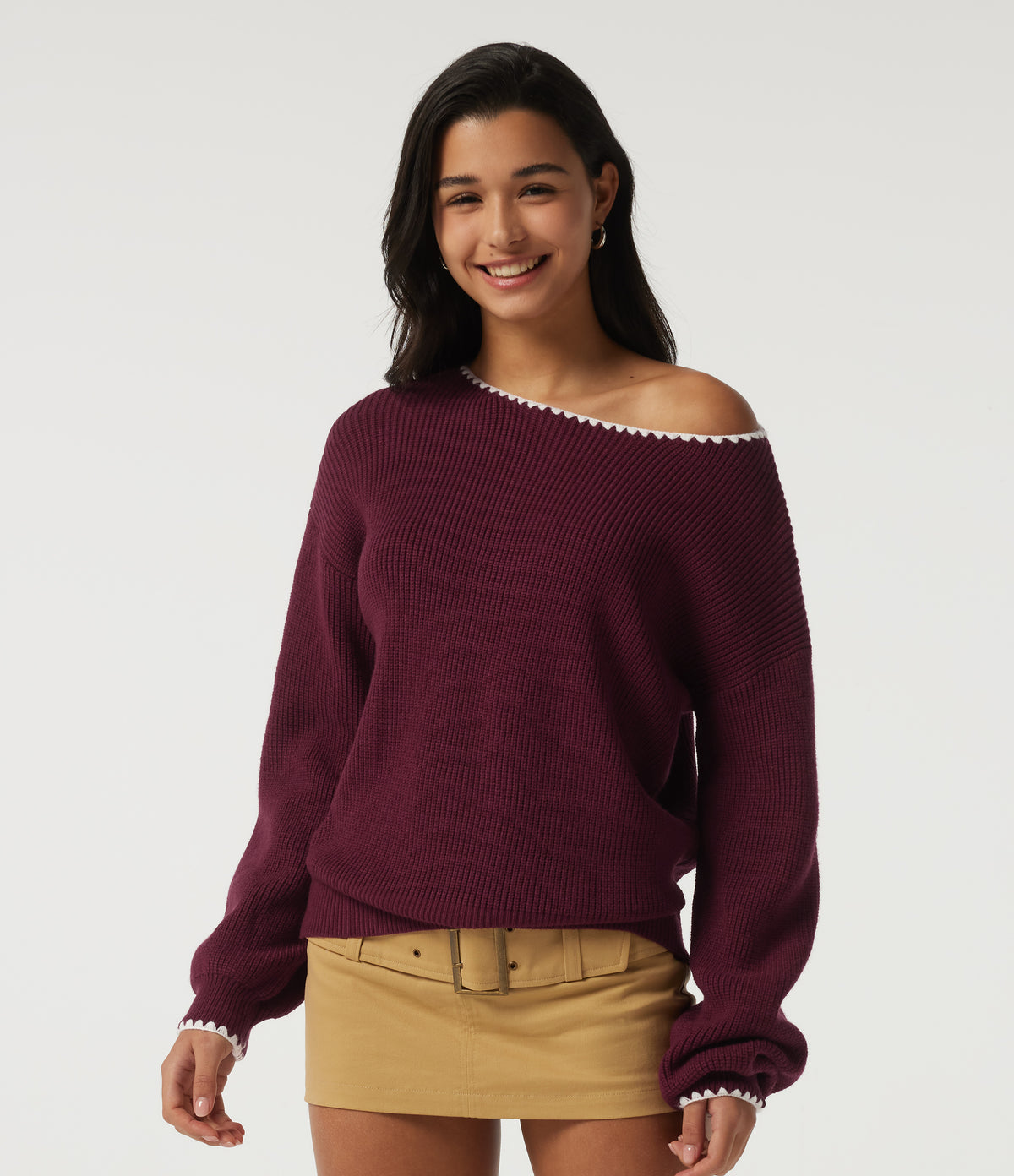 One Shoulder Long Sleeve Casual Jumper — Chocolate Truffle — view 4