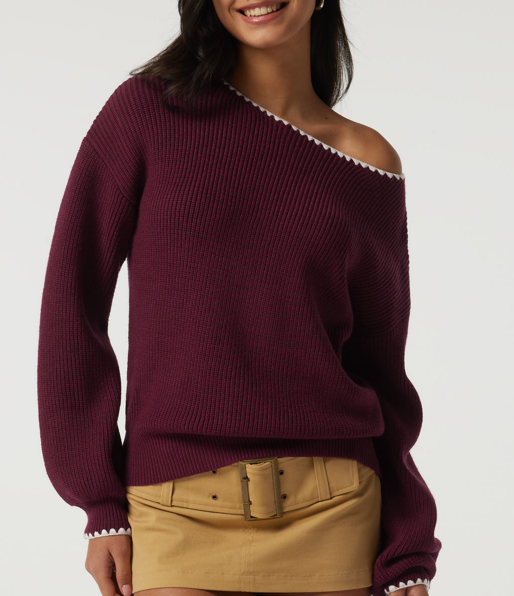 One Shoulder Long Sleeve Casual Jumper — Chocolate Truffle — view 5