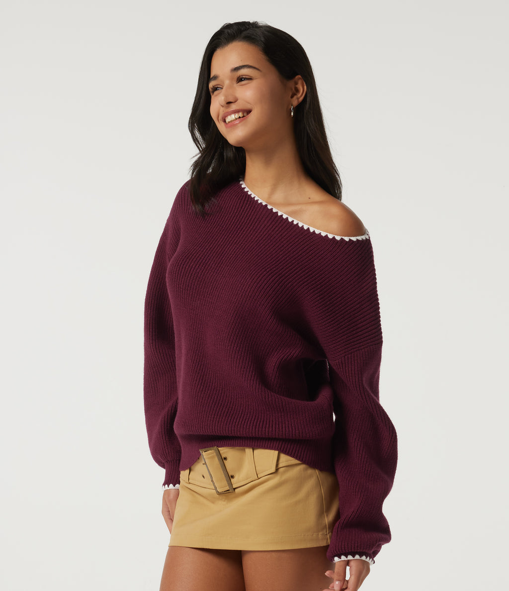 One Shoulder Long Sleeve Casual Jumper — Chocolate Truffle — view 3