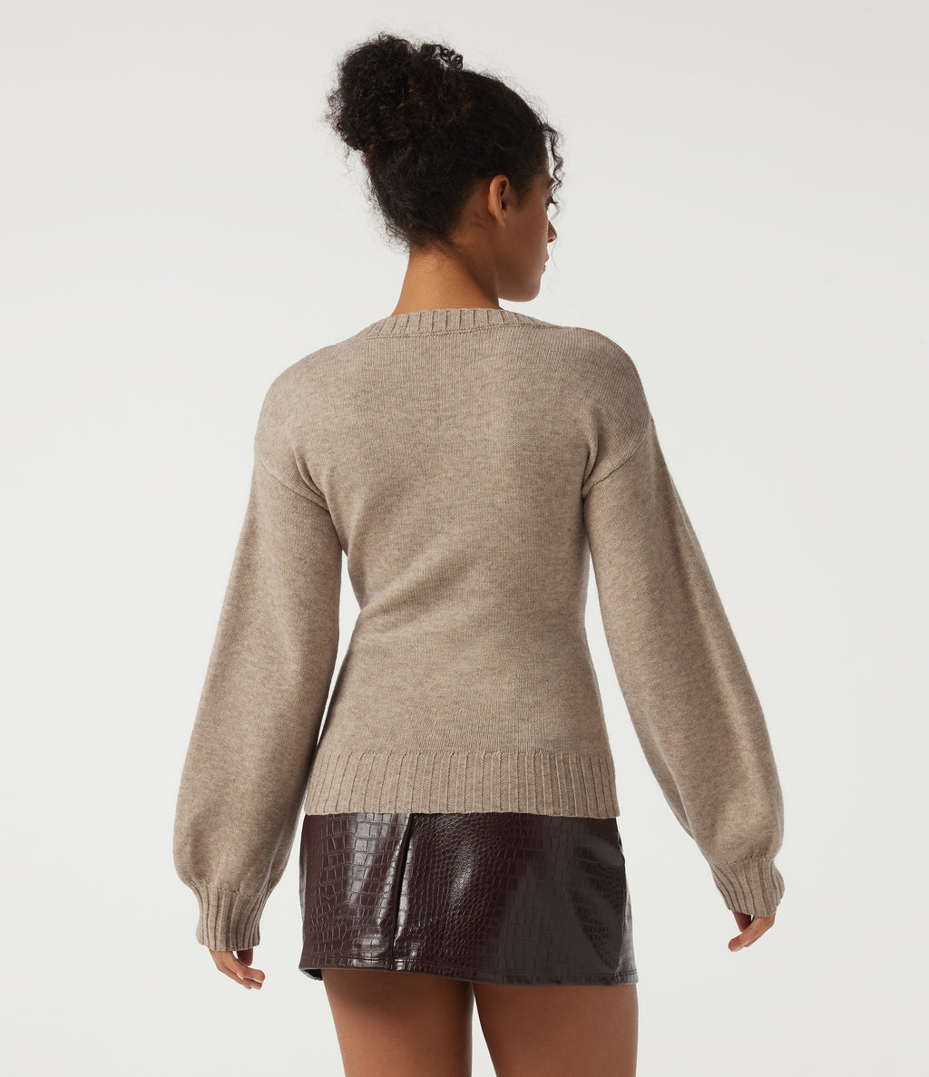 V Neck Long Sleeve Casual Sweater — Daywall Beige — view 2