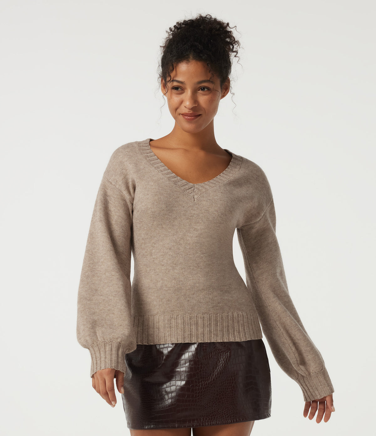 V Neck Long Sleeve Casual Sweater — Daywall Beige — view 1