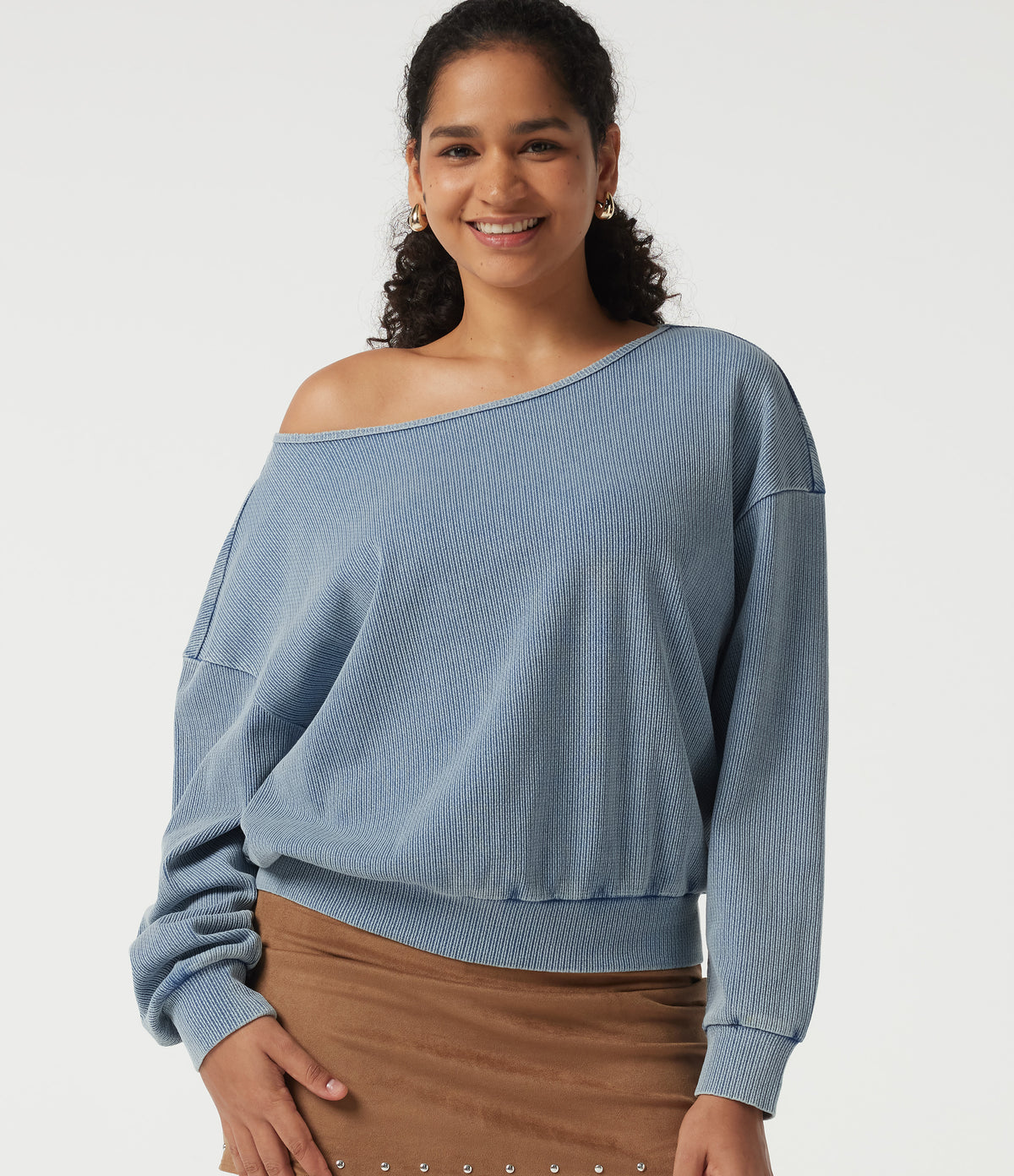 Boat Neck Batwing Long Sleeve Casual Sweatshirt — Rainlane Stripe — view 1