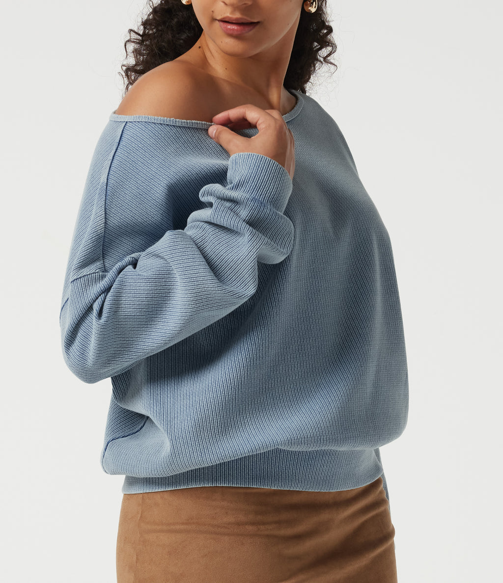 Boat Neck Batwing Long Sleeve Casual Sweatshirt — Rainlane Stripe — view 5