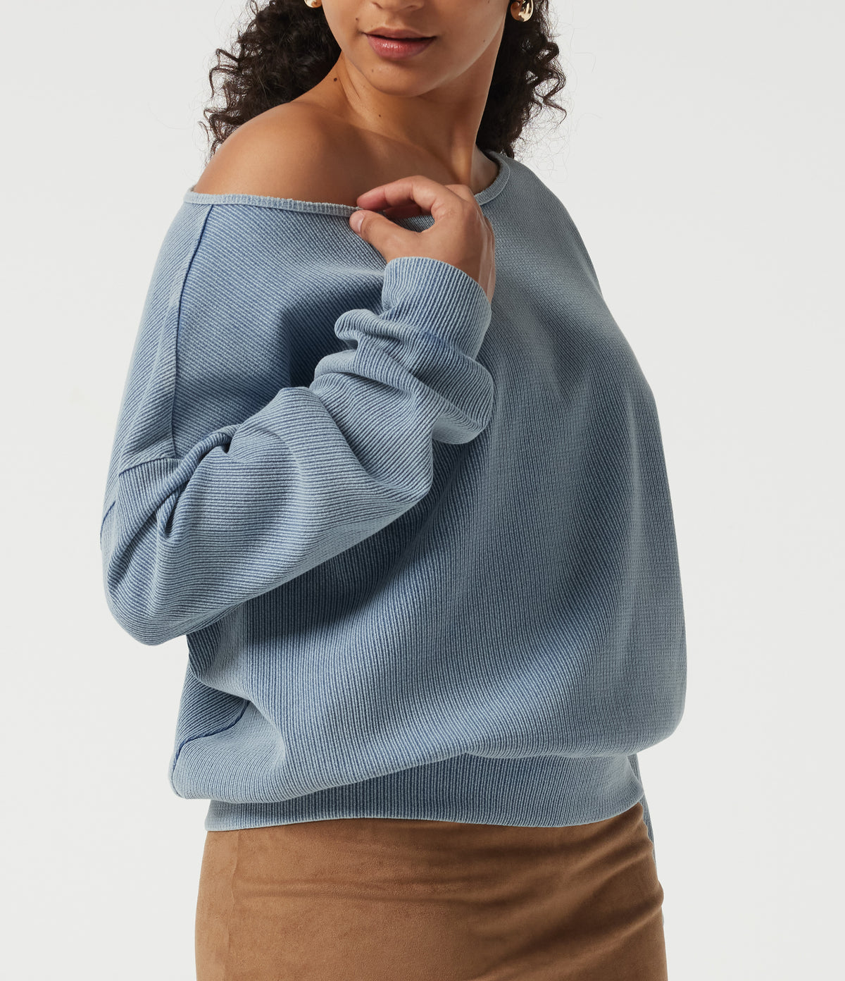 Boat Neck Batwing Long Sleeve Casual Sweatshirt — Rainlane Stripe — view 5
