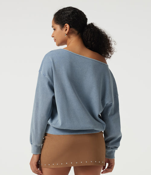 Boat Neck Batwing Long Sleeve Casual Sweatshirt — Rainlane Stripe — view 2