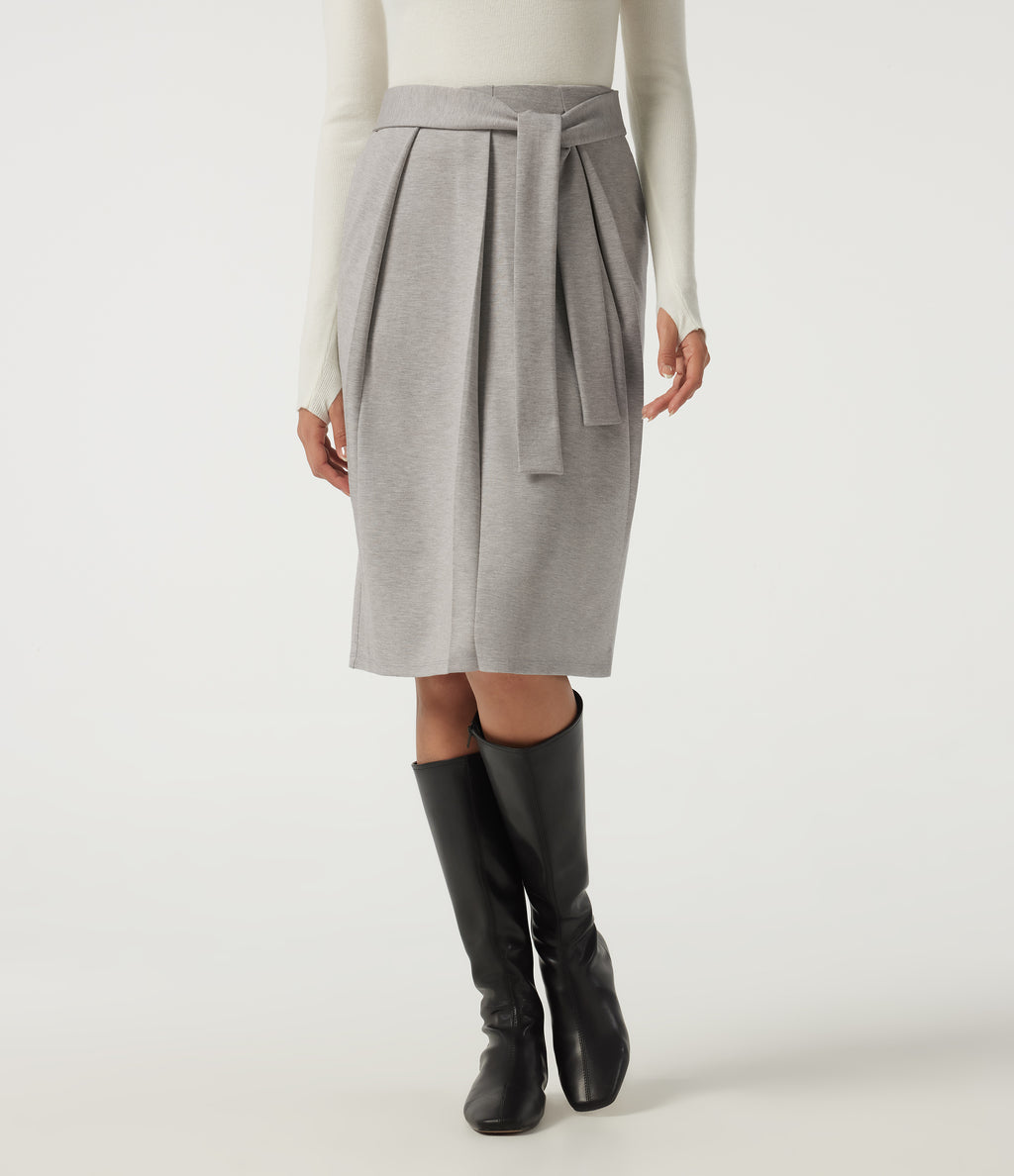 High Waisted Tie Front Work Midi Skirt with Pockets — Tea White Flower Gray — view 1