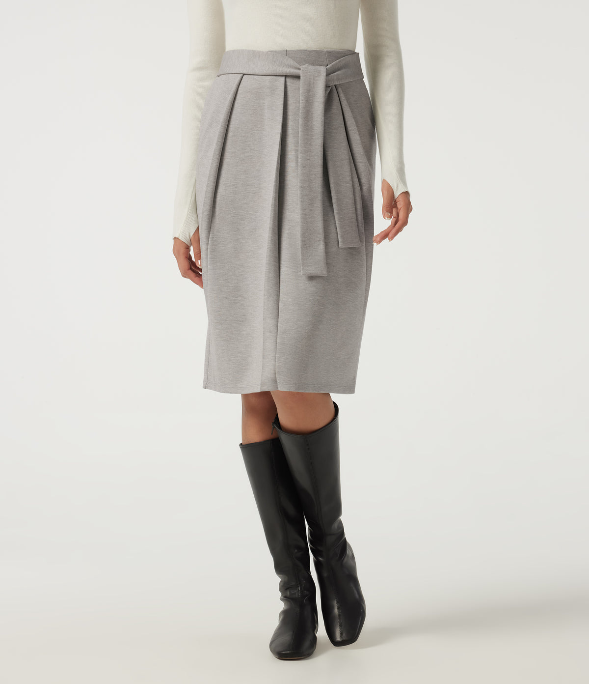 High Waisted Tie Front Work Midi Skirt with Pockets — Tea White Flower Gray — view 1
