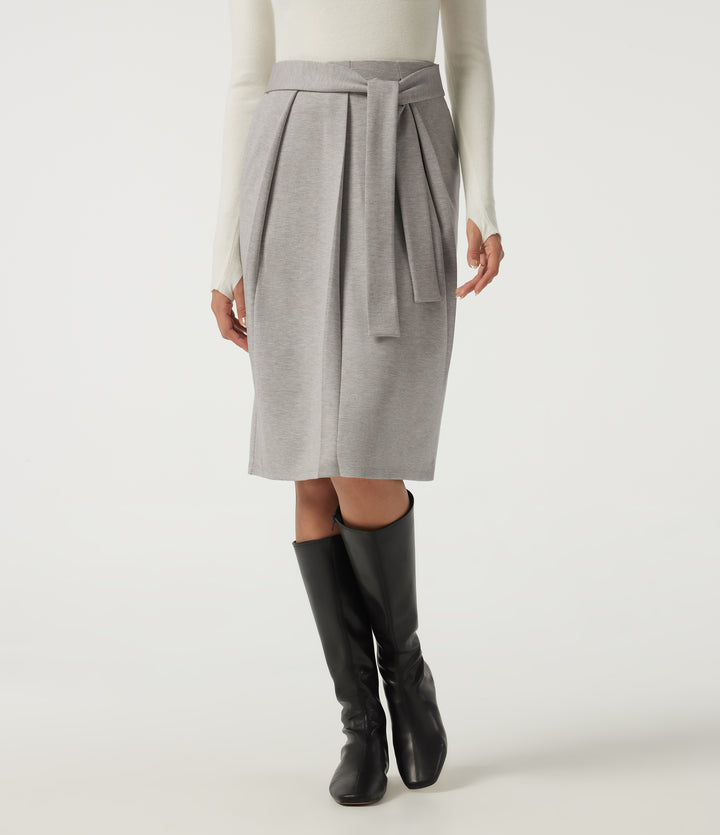 High Waisted Tie Front Work Midi Skirt with Pockets — Tea White Flower Gray — view 1