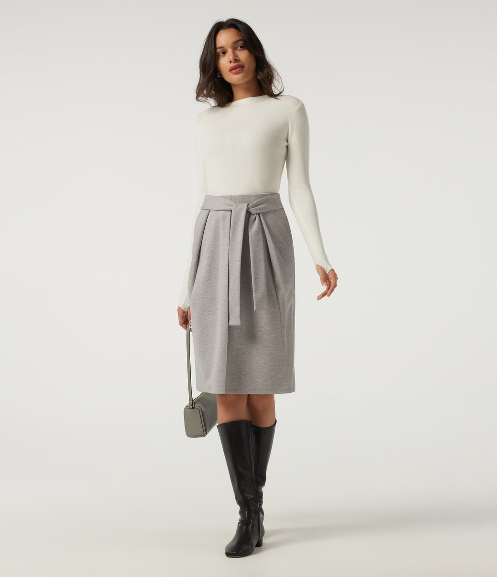 High Waisted Tie Front Work Midi Skirt with Pockets — Tea White Flower Gray — view 7