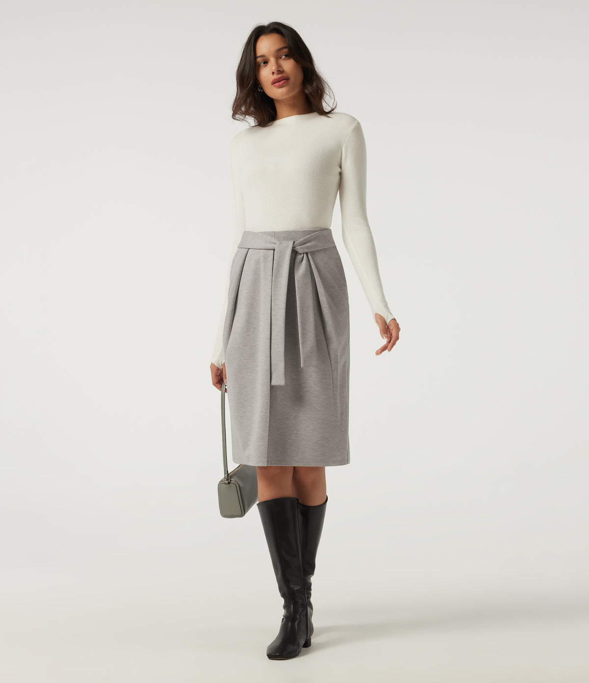 High Waisted Tie Front Work Midi Skirt with Pockets — Tea White Flower Gray — view 7