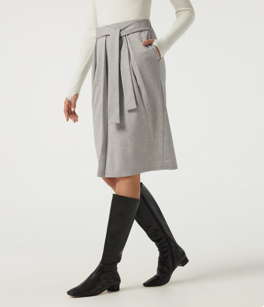 High Waisted Tie Front Work Midi Skirt with Pockets — Tea White Flower Gray — view 3
