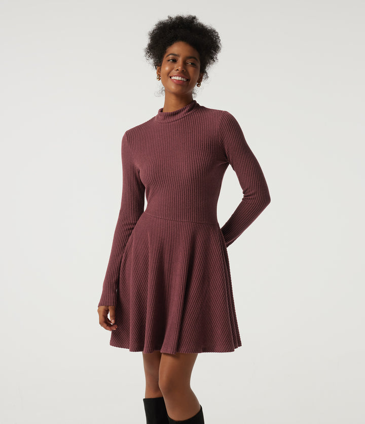 Ribbed Knit Mock Neck Long Sleeve A-Line Casual Mini Dress — Cozy Burgundy — view 1