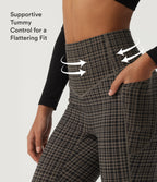 High Waisted Tummy Control Fleece Plaid Workout Leggings with Pockets — Sandstone Check Plaid — view 5