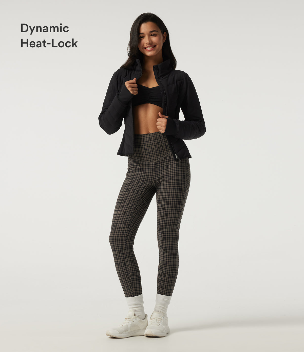 High Waisted Tummy Control Fleece Plaid Workout Leggings with Pockets — Sandstone Check Plaid — view 4