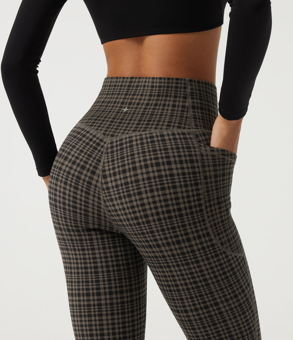 High Waisted Tummy Control Fleece Plaid Workout Leggings with Pockets — Sandstone Check Plaid — view 8