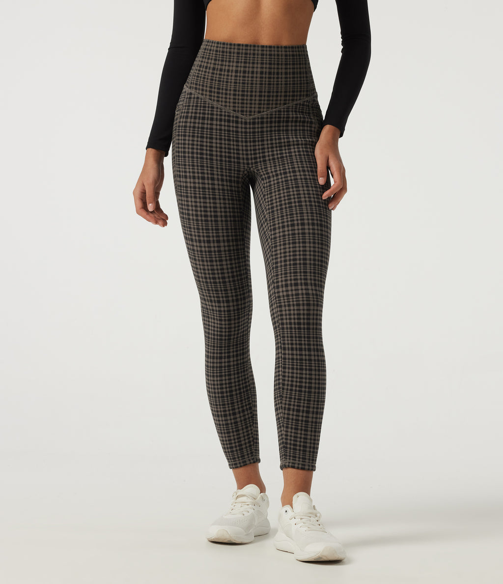 High Waisted Tummy Control Fleece Plaid Workout Leggings with Pockets — Sandstone Check Plaid — view 2