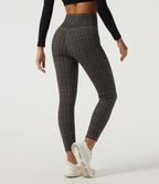 High Waisted Tummy Control Fleece Plaid Workout Leggings with Pockets — Sandstone Check Plaid — view 3