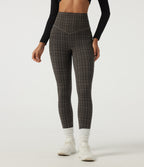 High Waisted Tummy Control Fleece Plaid Workout Leggings with Pockets — Sandstone Check Plaid — view 7