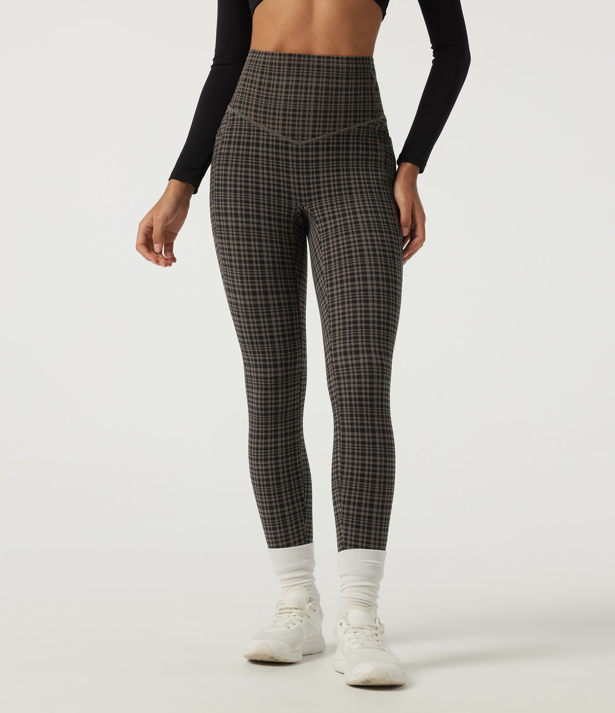 High Waisted Tummy Control Fleece Plaid Workout Leggings with Pockets — Sandstone Check Plaid — view 7