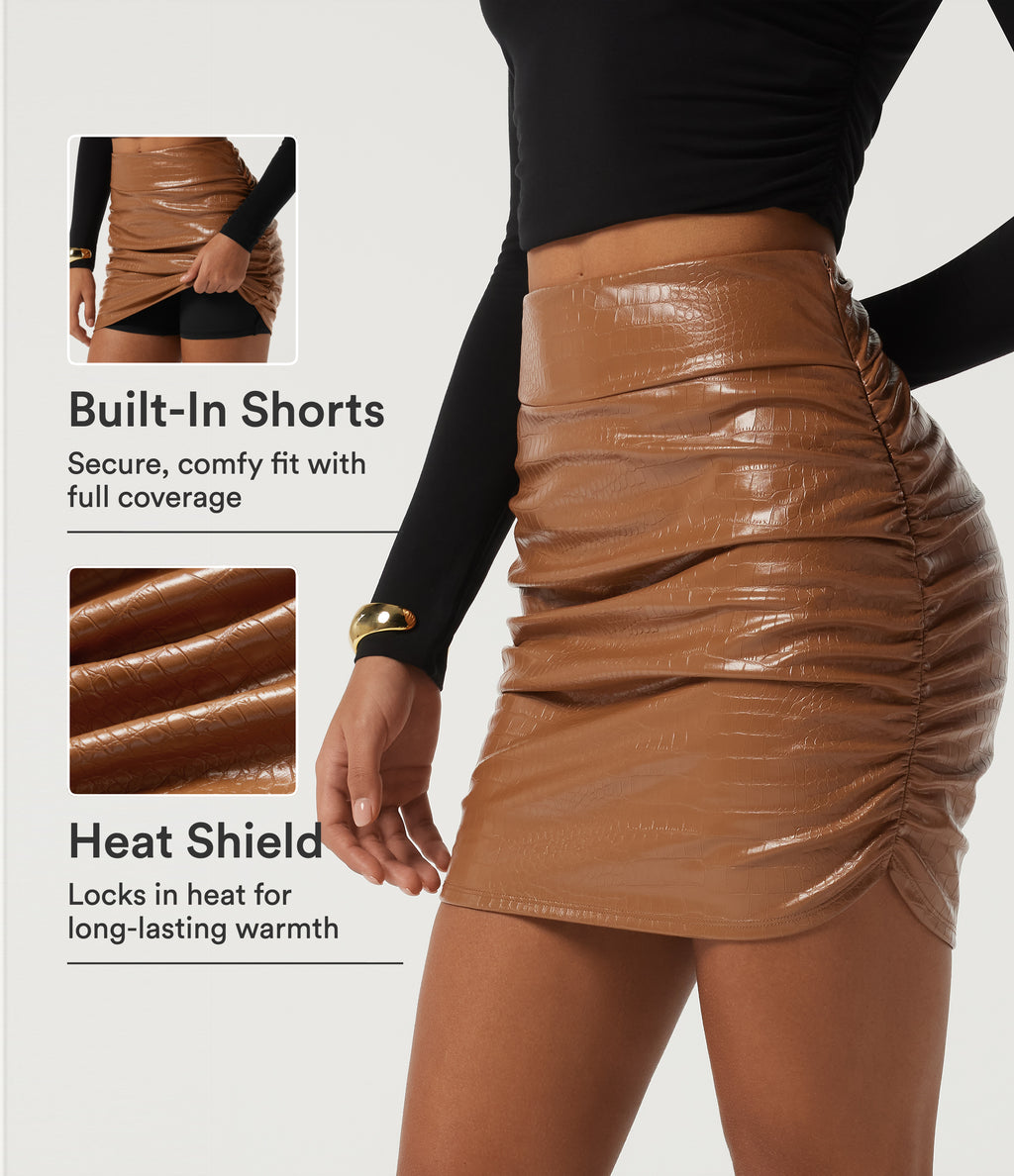 High Waisted Snakeskin Print Stretchy PU Fleece Party Mini Skirt with Built-in Shorts — Sleek Caramel — view 1