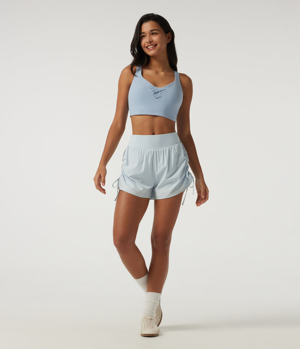 High Waisted Tummy Control Quick Dry Ruched 2-in-1 Running Shorts 3" — Baby Blue — view 8