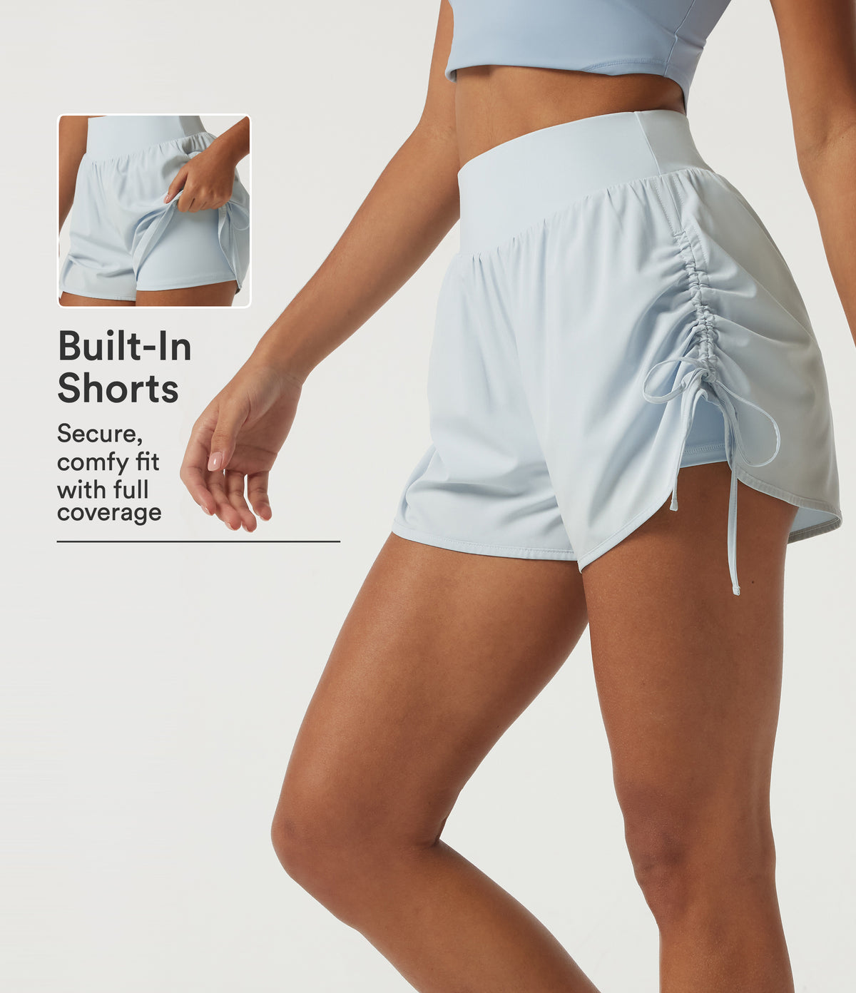 High Waisted Tummy Control Quick Dry Ruched 2-in-1 Running Shorts 3" — Baby Blue — view 1