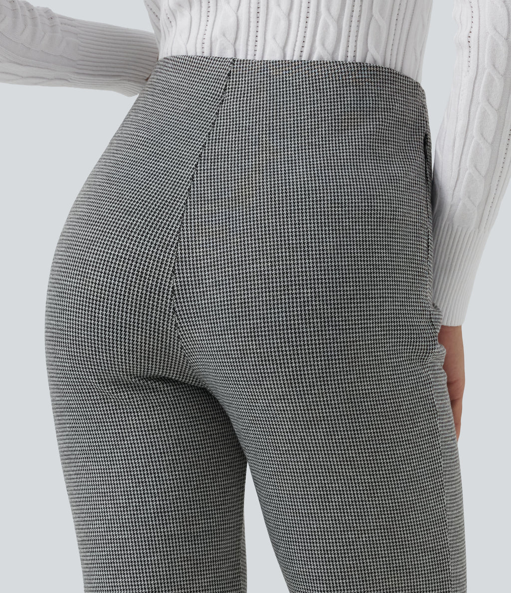 High Waisted Pintuck Bootcut Houndstooth Work Trousers with Pockets — Star White Houndstooth — view 5