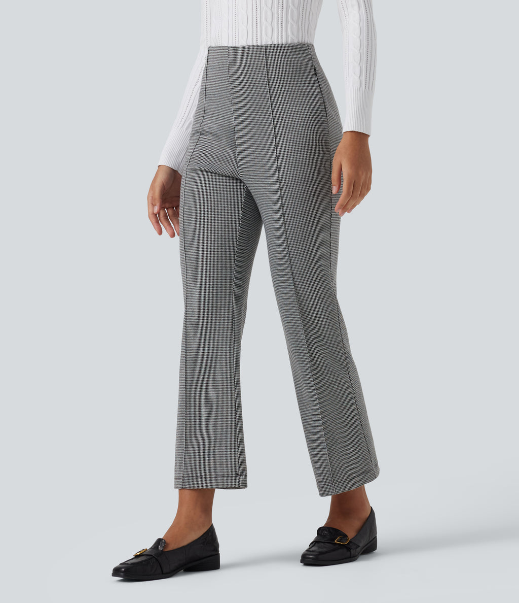 High Waisted Pintuck Bootcut Houndstooth Work Trousers with Pockets — Star White Houndstooth — view 3