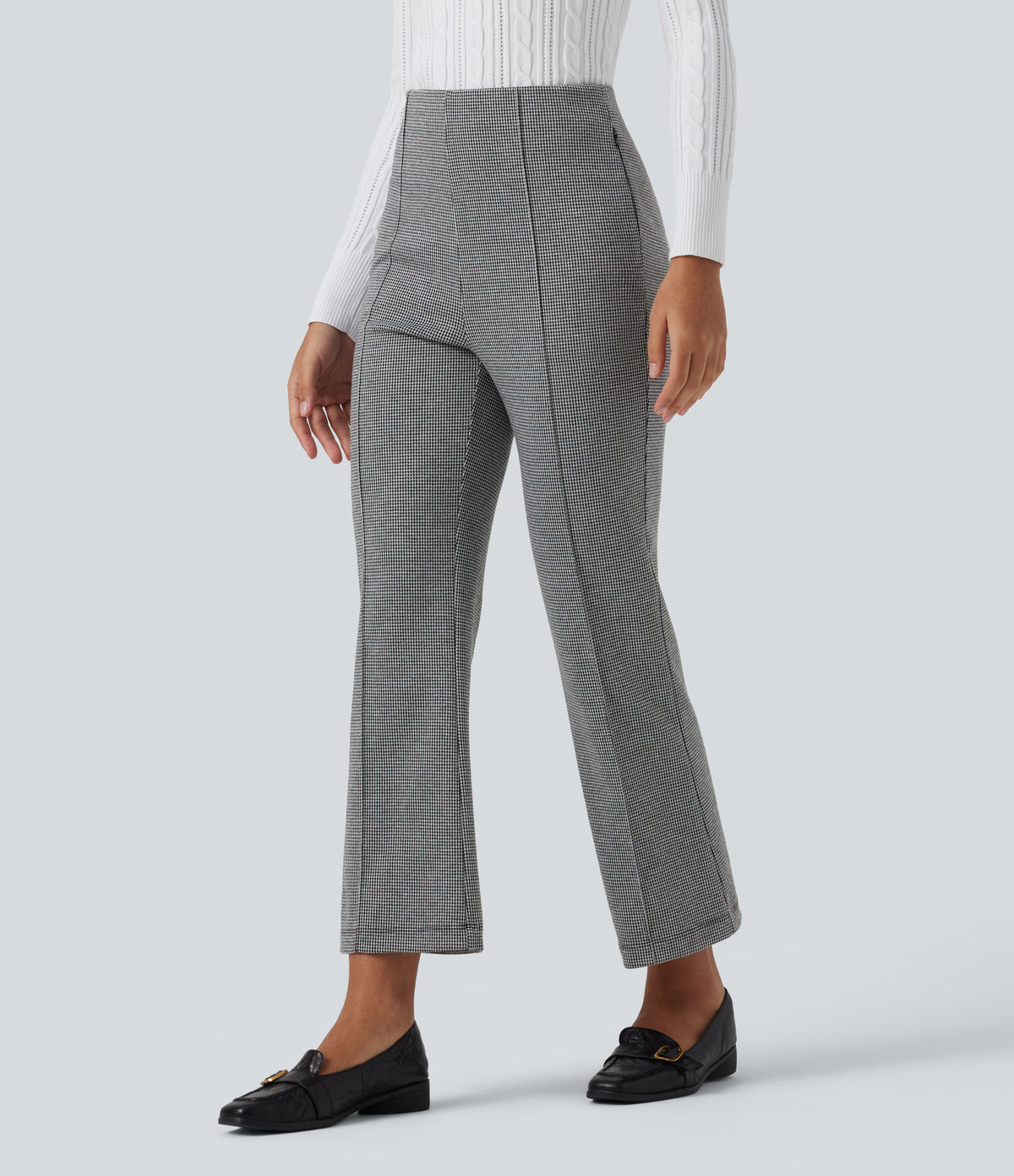 High Waisted Pintuck Bootcut Houndstooth Work Trousers with Pockets — Star White Houndstooth — view 3