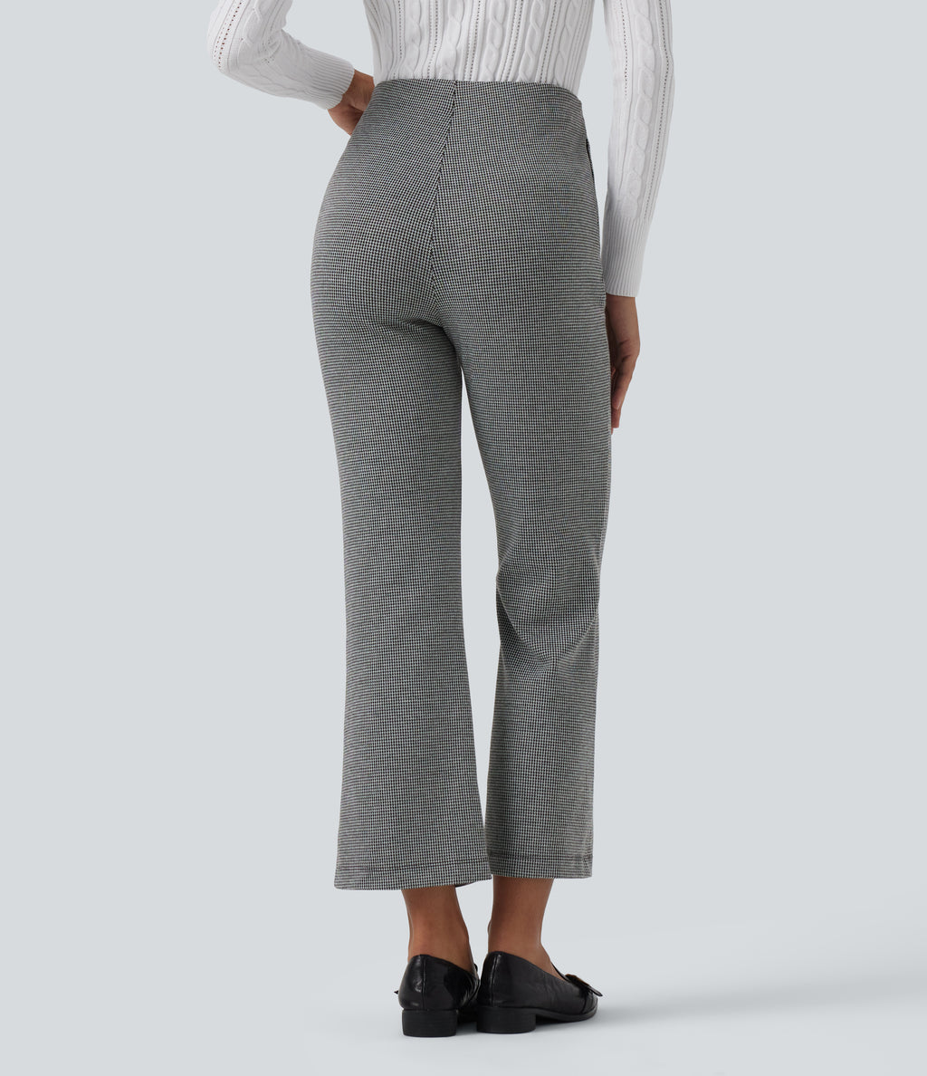 High Waisted Pintuck Bootcut Houndstooth Work Trousers with Pockets — Star White Houndstooth — view 2