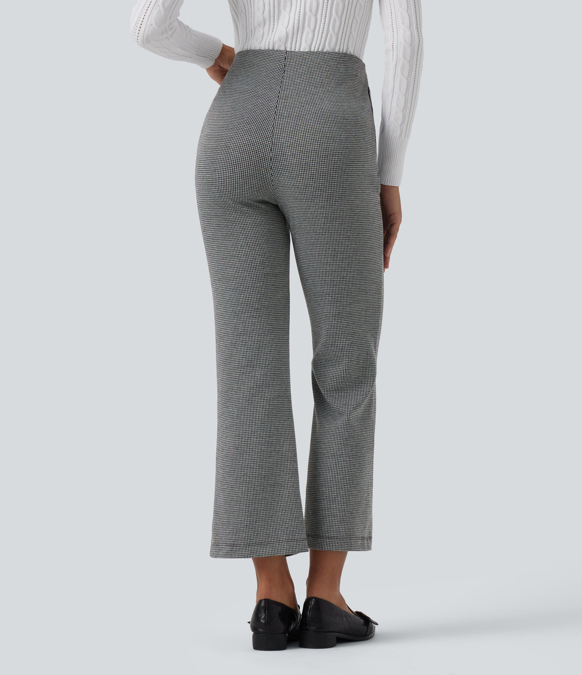 High Waisted Pintuck Bootcut Houndstooth Work Trousers with Pockets — Star White Houndstooth — view 2