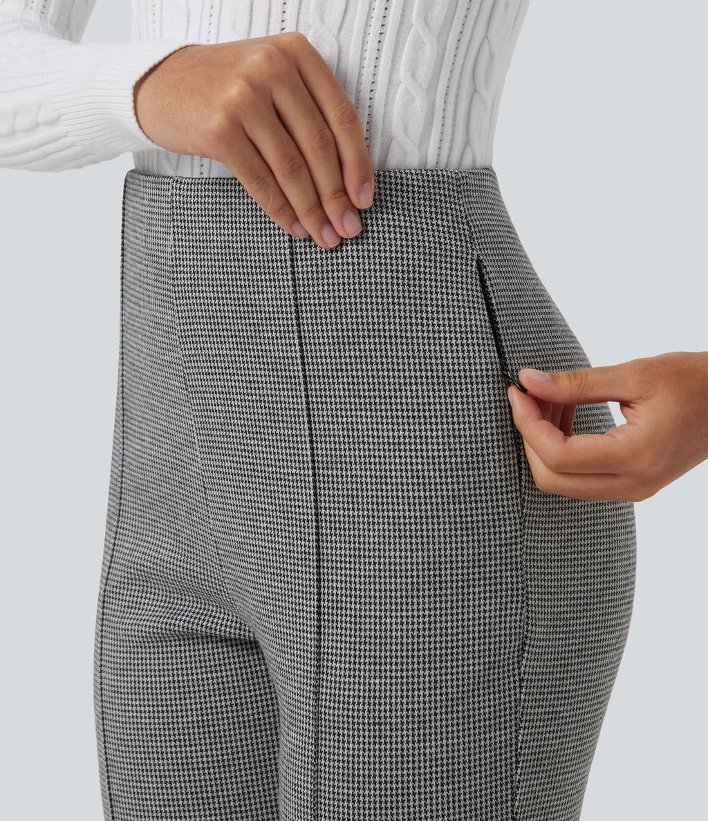 High Waisted Pintuck Bootcut Houndstooth Work Trousers with Pockets — Star White Houndstooth — view 6