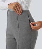 High Waisted Pintuck Bootcut Houndstooth Work Trousers with Pockets — Star White Houndstooth — view 6