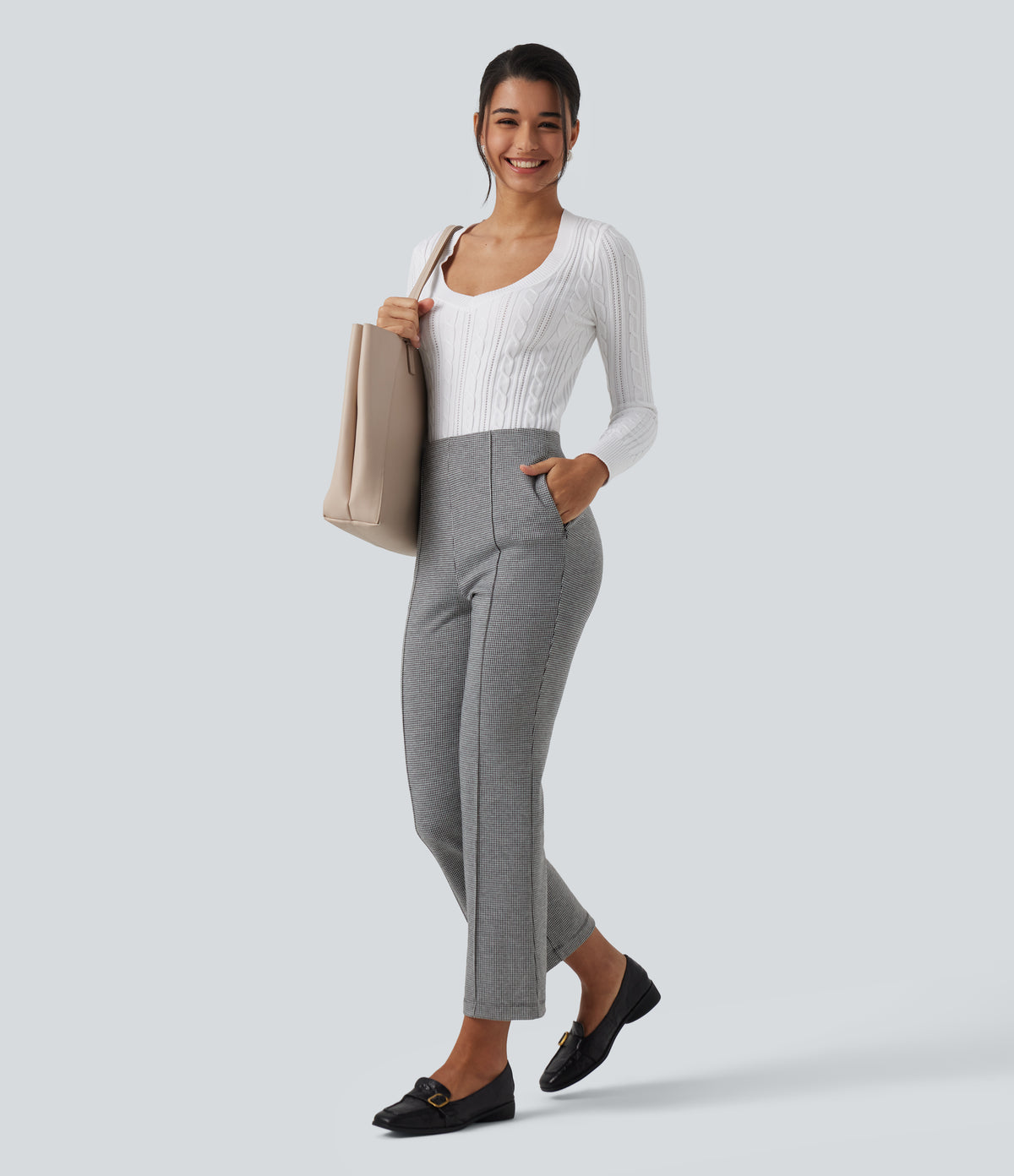 High Waisted Pintuck Bootcut Houndstooth Work Trousers with Pockets — Star White Houndstooth — view 7