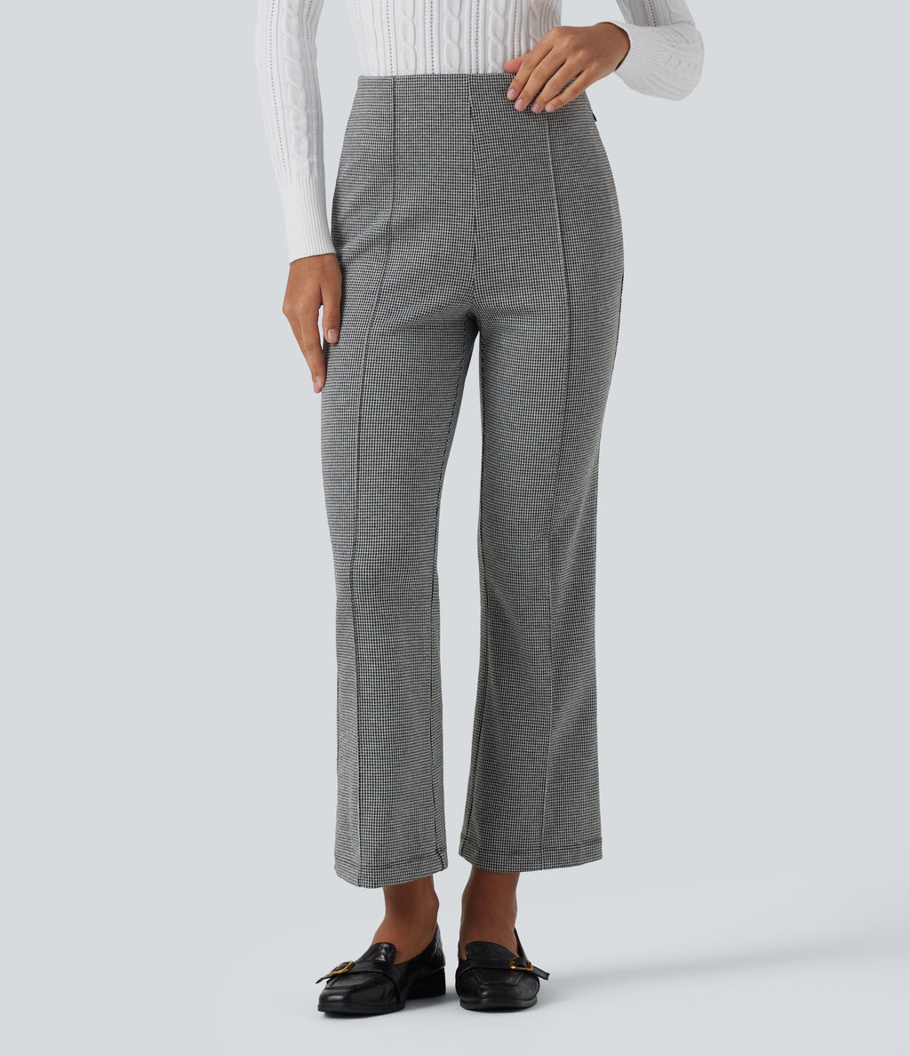 High Waisted Pintuck Bootcut Houndstooth Work Trousers with Pockets — Star White Houndstooth — view 1