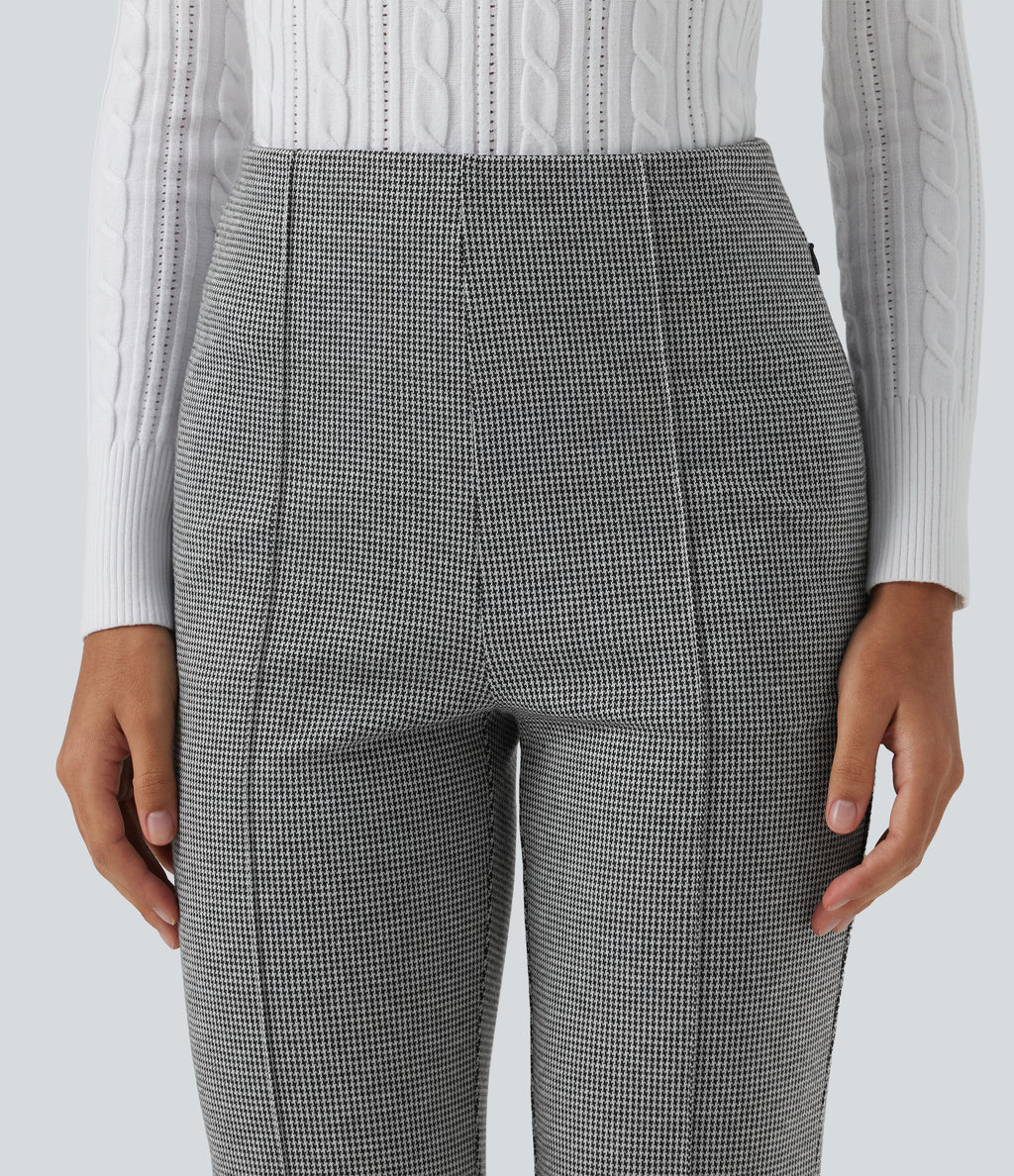 High Waisted Pintuck Bootcut Houndstooth Work Trousers with Pockets — Star White Houndstooth — view 4
