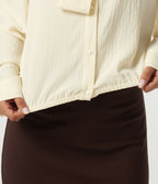 Tie Neck Long Sleeve Ruched Casual Linen-Feel Blouse — Whisper White — view 7