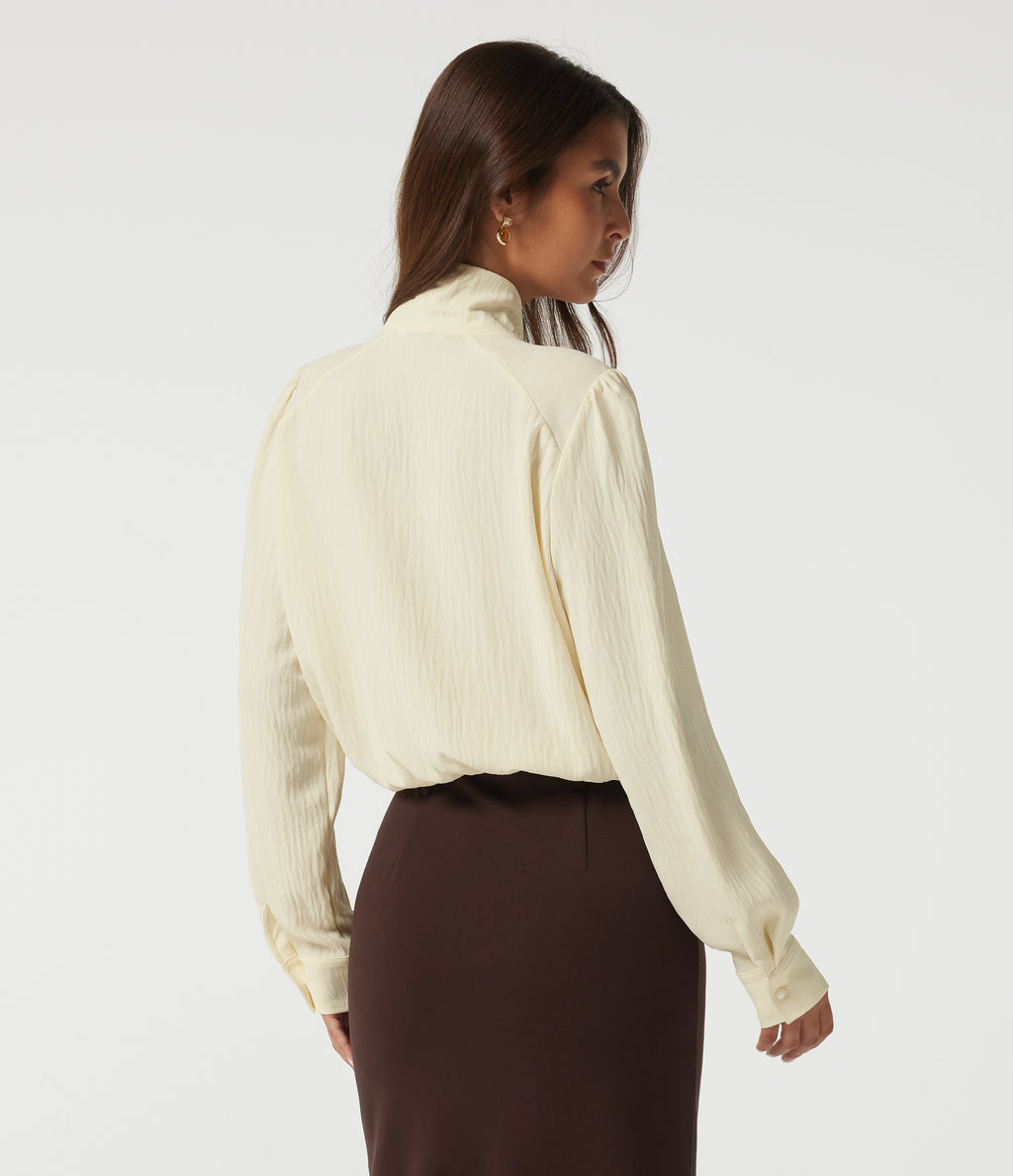 Tie Neck Long Sleeve Ruched Casual Linen-Feel Blouse — Whisper White — view 2