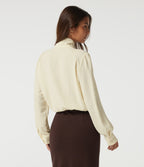 Tie Neck Long Sleeve Ruched Casual Linen-Feel Blouse — Whisper White — view 2